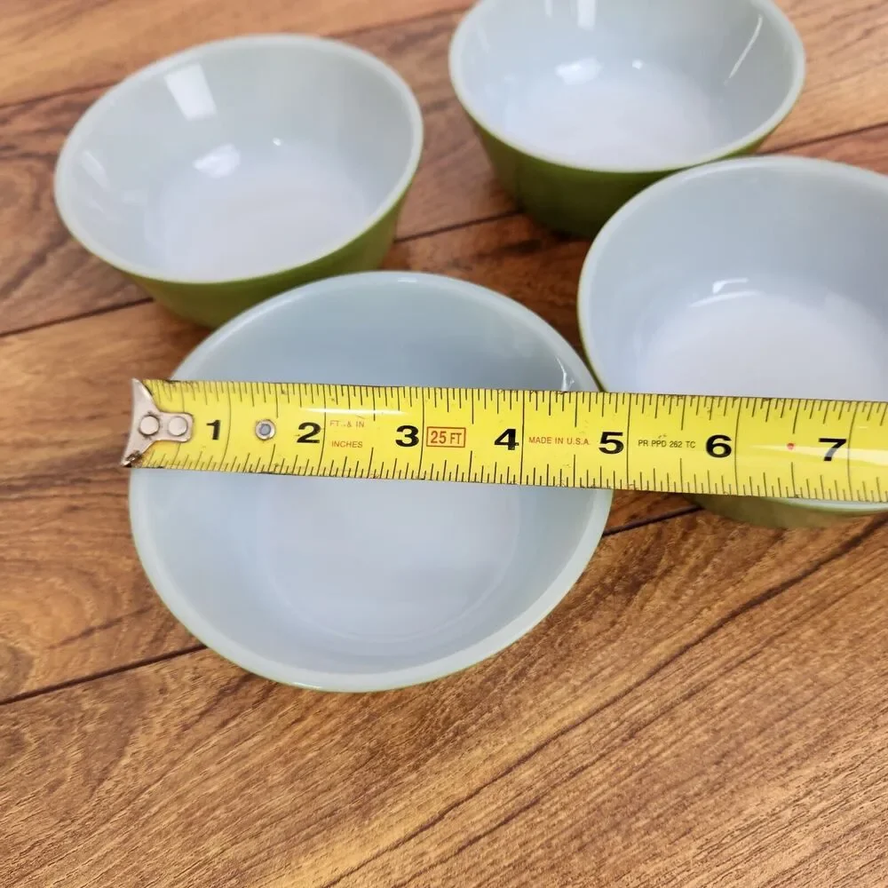 Set of 4 Vintage FIRE KING Anchor Hocking Green White Small Bowl Soup, Chili USA